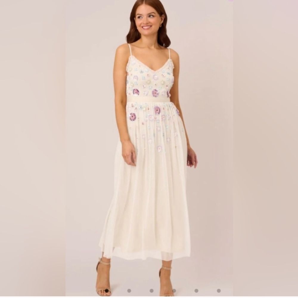 Adrianna Papell Women's Embellished Ruffled V-Neck Gown Dress Size 16 - Picture 6 of 10
